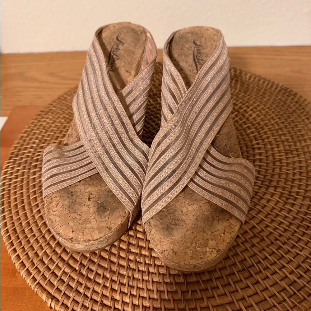 Lucky Brand‎ Tan Glitter Striped Cork Wedge Sandals